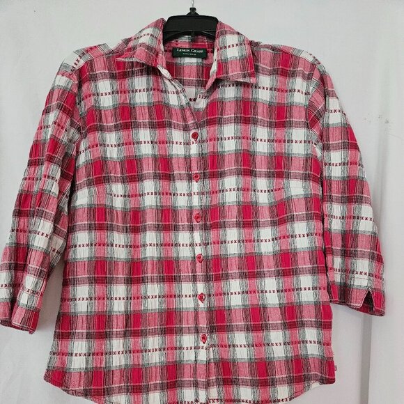 Lemon Grass Shirt Ladies Small Red White Plaid 3/4 Sleeve Button Front - Picture 1 of 6